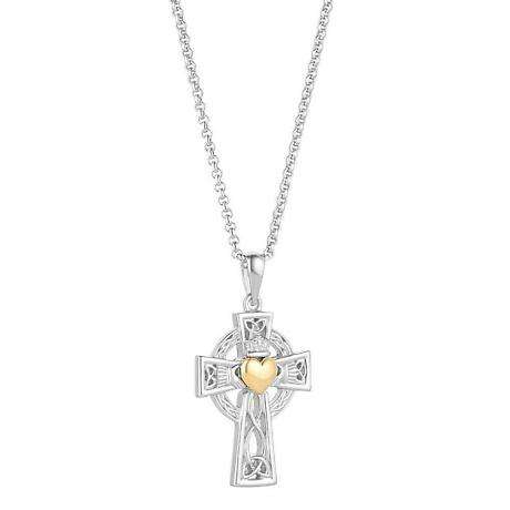 Irish Necklace | Sterling Silver 10k Claddagh Heart Celtic Cross Pendant