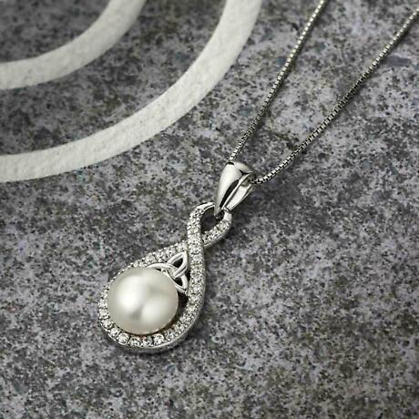 Alternate Image 1 for Irish Necklace | Sterling Silver Twisted Crystal Trinity Knot Pearl Pendant