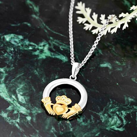 Alternate Image 1 for Irish Necklace | Diamond 10k Gold & Sterling Silver Ladies Claddagh Pendant