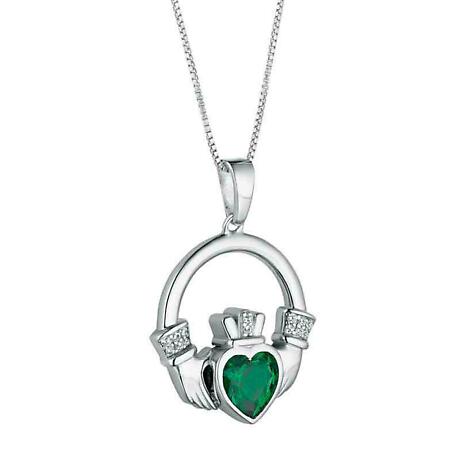 Product Image for Irish Necklace | Sterling Silver Large Green Crystal Heart Claddagh Pendant