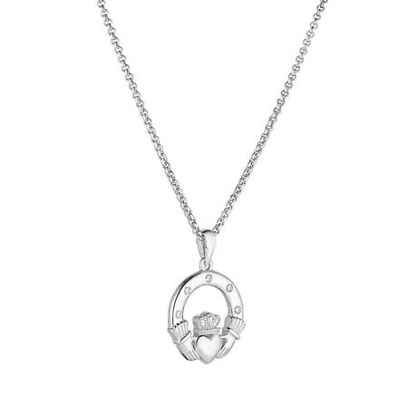 Irish Necklace | Sterling Silver Flush Set Crystal Claddagh Pendant