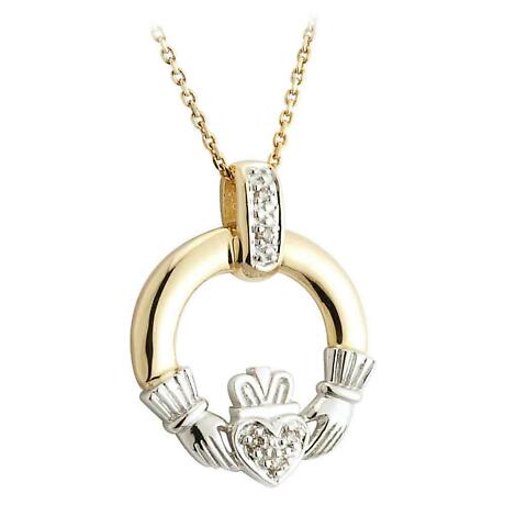 Product Image for Irish Necklace - 14k Two Tone Gold and Diamond Claddagh Pendant with Chain