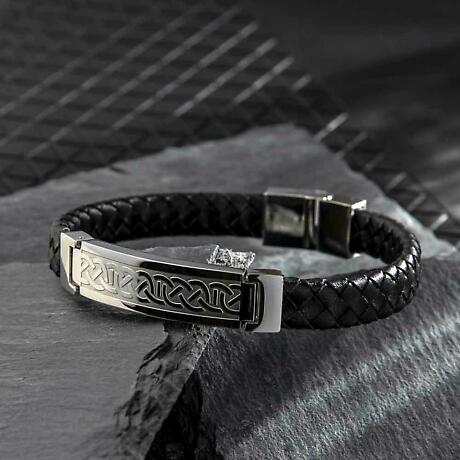 Alternate Image 1 for Irish Bracelet | Stainless Steel Men's Black Leather Celtic Bracelet