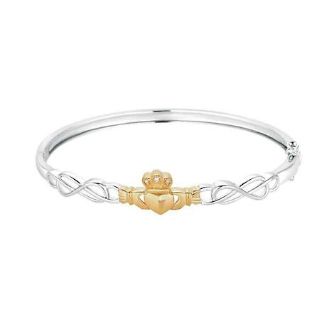 Product Image for Irish Bracelet | Diamond 10k Gold & Sterling Silver Ladies Claddagh Bangle
