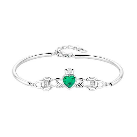 Irish Bracelet | Sterling Silver Green Crystal Heart Claddagh Bangle