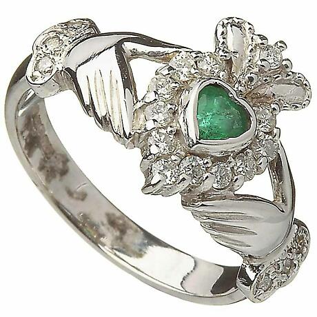 Irish Wedding Ring - Ladies 10k White Gold Emerald and Diamond Claddagh Ring