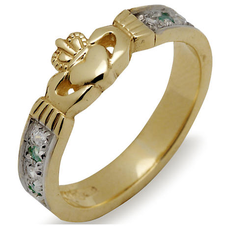 Irish Wedding Band - 10k Gold Ladies Emerald and Diamond Claddagh Ring