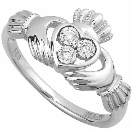 Claddagh Ring - Ladies Irish Claddagh Ring 14k White Gold with 3 Diamonds