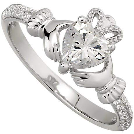 Alternate Image 4 for Irish Ladies Sterling Silver Crystal Birthstone Claddagh Ring