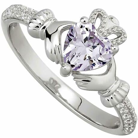 Alternate Image 6 for Irish Ladies Sterling Silver Crystal Birthstone Claddagh Ring