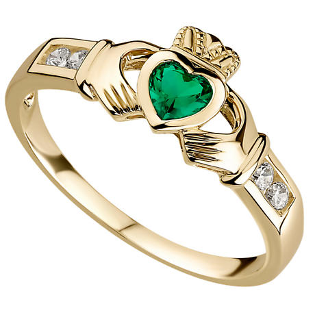 Claddagh Ring - Ladies 10k Gold with Green Stone and CZ Claddagh