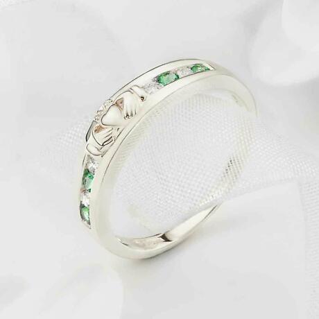 Alternate Image 1 for Claddagh Ring - Ladies 14k White Gold with 8 Diamonds and Emerald Claddagh
