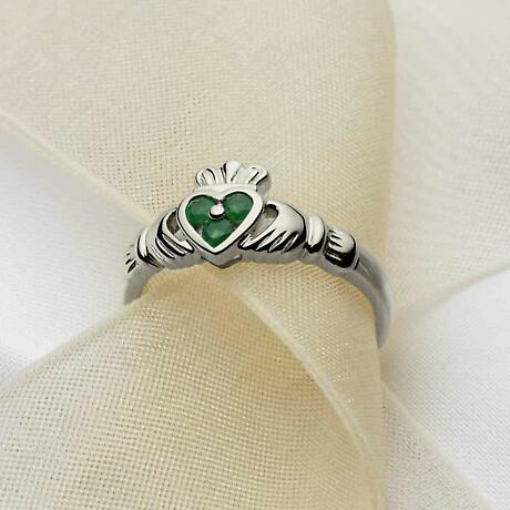 Alternate Image 1 for Claddagh Ring - Ladies 14k White Gold and 3 Emerald Heart Claddagh