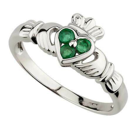 Claddagh Ring - Ladies 14k White Gold and 3 Emerald Heart Claddagh