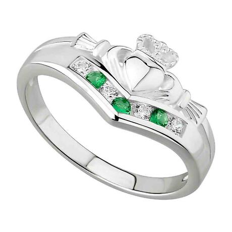 Product Image for Claddagh Ring - Ladies Sterling Silver with CZ and Emerald Claddagh Wishbone