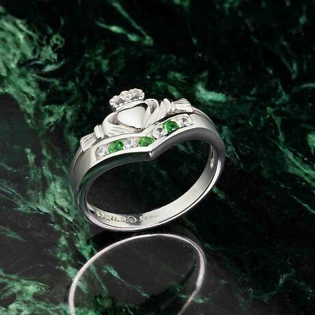 Alternate Image 1 for Claddagh Ring - Ladies Sterling Silver with CZ and Emerald Claddagh Wishbone