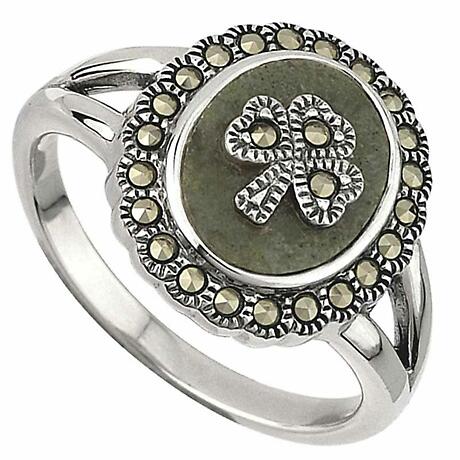 Product Image for Shamrock Ring - Ladies Sterling Silver Marcasite Marble Shamrock
