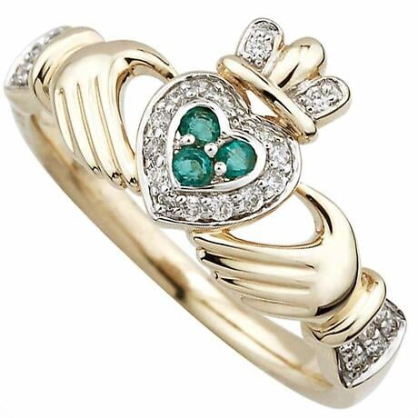 Irish Ring - Ladies 14k Gold Emerald and Diamond Encrusted Claddagh Ring