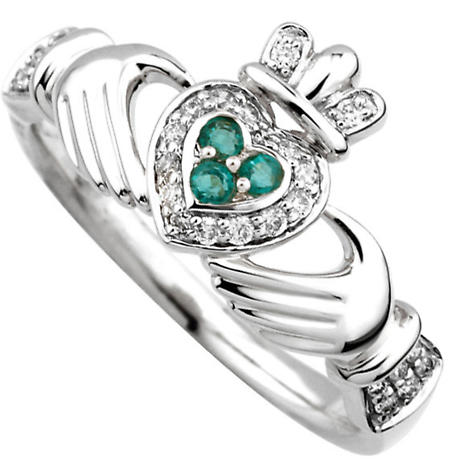 Irish Ring - 14k Gold with Diamond & Emerald Claddagh Ring