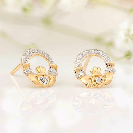 Alternate Image 1 for Claddagh Earrings - 14k Gold with Diamonds Claddagh Stud Earrings