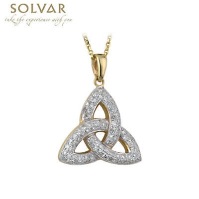 Ladies Trinity Knot Celtic Pendant in 14K Yellow Gold. This sparkling Irish necklace features a Trinity Knot, also known as the Celtic Knot, encrusted with stunning micro diamonds.