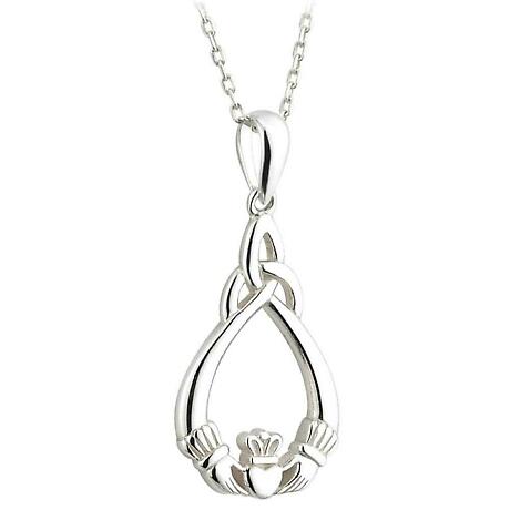Irish Necklace - Sterling Silver Claddagh and Trinity Knot Celtic Pendant with Chain