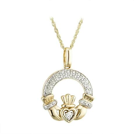 Claddagh Necklace - 14k Gold with Diamonds Claddagh Pendant