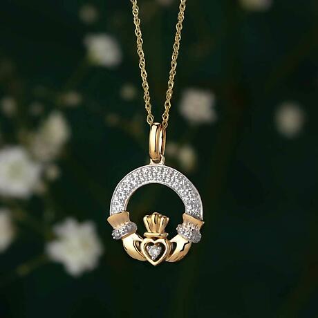 Alternate Image 1 for Claddagh Necklace - 14k Gold with Diamonds Claddagh Pendant