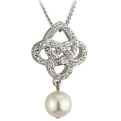 Product Image for Irish Necklace - Celtic Knot Pendant with Pearl & Crystals Rhodium Plated