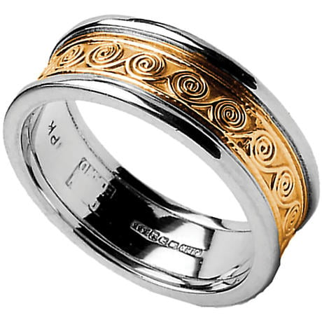 Celtic Ring - Men's Yellow Gold with White Gold Trim Celtic Spirals Wedding Ring