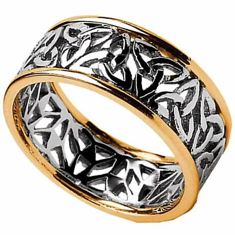 Trinity Knot Ring - Men's White Gold with Yellow Gold Trim Trinity Knot Filigree Irish Wedding Ring