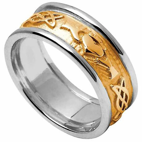 Claddagh Ring - Men's Yellow Gold with White Gold Trim Claddagh Celtic Knot Wedding Ring