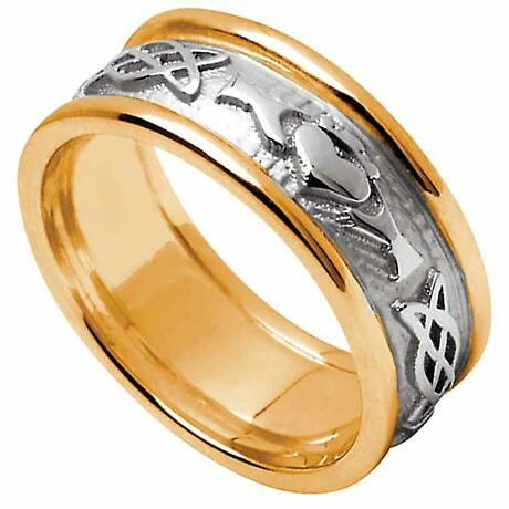 Claddagh Ring - Ladies White Gold with Yellow Gold Trim Claddagh Celtic Knot Wedding Ring