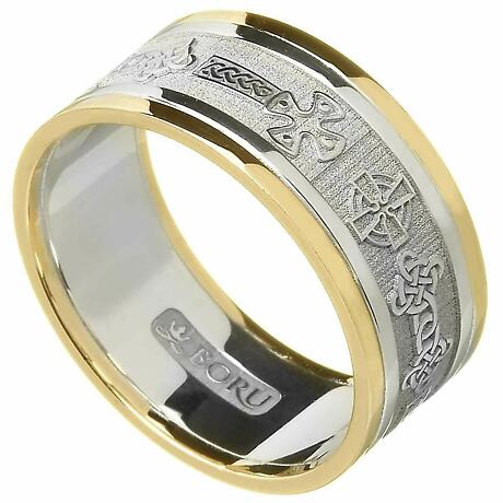Celtic Ring - Men's White Gold with Yellow Gold Trim Celtic Cross Wedding Ring
