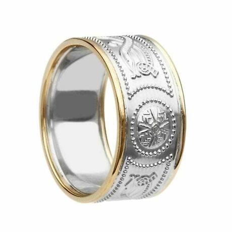 Celtic Ring - Men's White Gold with Yellow Gold Trim Warrior Shield Wedding Band