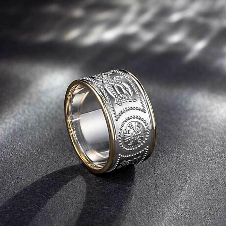 Alternate Image 1 for Celtic Ring - Men's White Gold with Yellow Gold Trim Warrior Shield Wedding Band