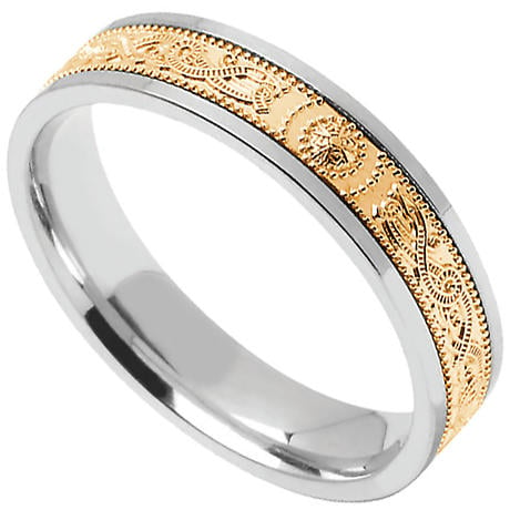 Celtic Ring - Men's Sterling Silver with 10k Yellow Gold Celtic Warrior Shield Irish Wedding Band