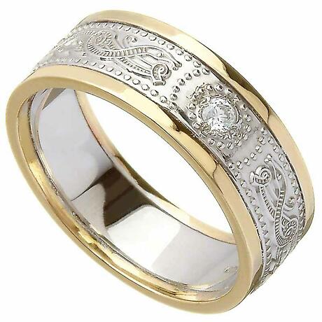 Celtic Ring - Ladies White Gold with Yellow Gold Trim and Diamond Warrior Shield Wedding Ring