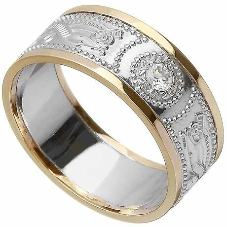 Product Image for Celtic Ring - Men's White Gold with Yellow Gold Trim and Diamond Warrior Shield Wedding Ring