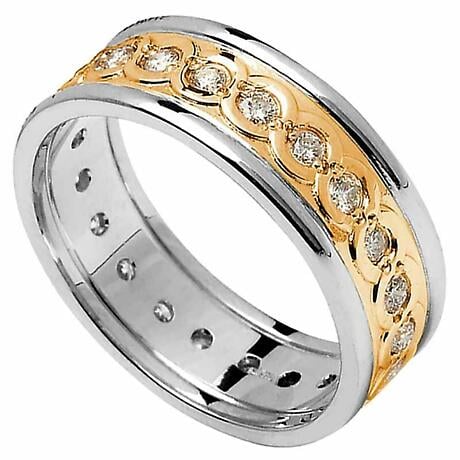 Product Image for Celtic Ring - Ladies Yellow Gold with White Gold Trim and Diamond Set Celtic Wedding Ring