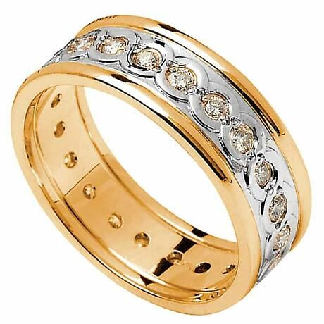 Celtic Ring - Ladies White Gold with Yellow Gold Trim and Diamond Set Celtic Wedding Ring