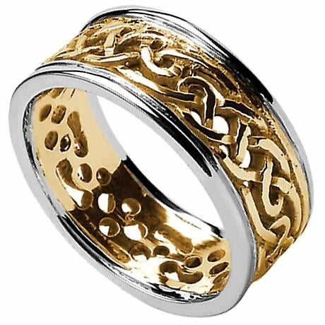 Celtic Ring - Men's Yellow Gold with White Gold Trim Filigree Celtic Wedding Band
