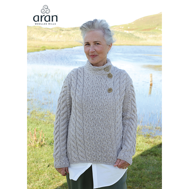 Irish Wool Sweater - Ladies Super Soft Merino Wool Asymmetrical Multi-Cable Cardigan Product Image