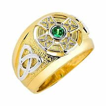 Celtic Ring - Two Tone Gold Celtic Green Emerald CZ Ring Product Image