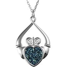 Alternate image for Irish Necklace - Sterling Silver Claddagh Drusy Pendant Blue