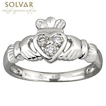 Claddagh Ring - Ladies 14k White Gold and 3 Diamond Heart Claddagh Product Image