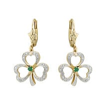 Alternate image for Shamrock Earrings - 14k Gold with Diamonds and Emerald Shamrock Drop Earrings