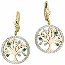 Irish Earrings - 14k Gold with Diamonds and Emerald Tree of Life Earrings Product Image
