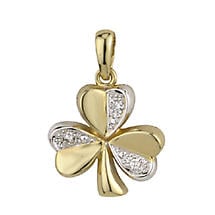 Irish Necklace - 14k Two Tone Gold Shamrock and Diamonds Pendant with Chain Product Image