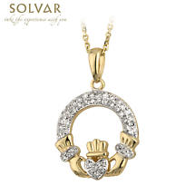 Irish Necklace - 14k Gold and Micro Diamond Claddagh Pendant with Chain Product Image
